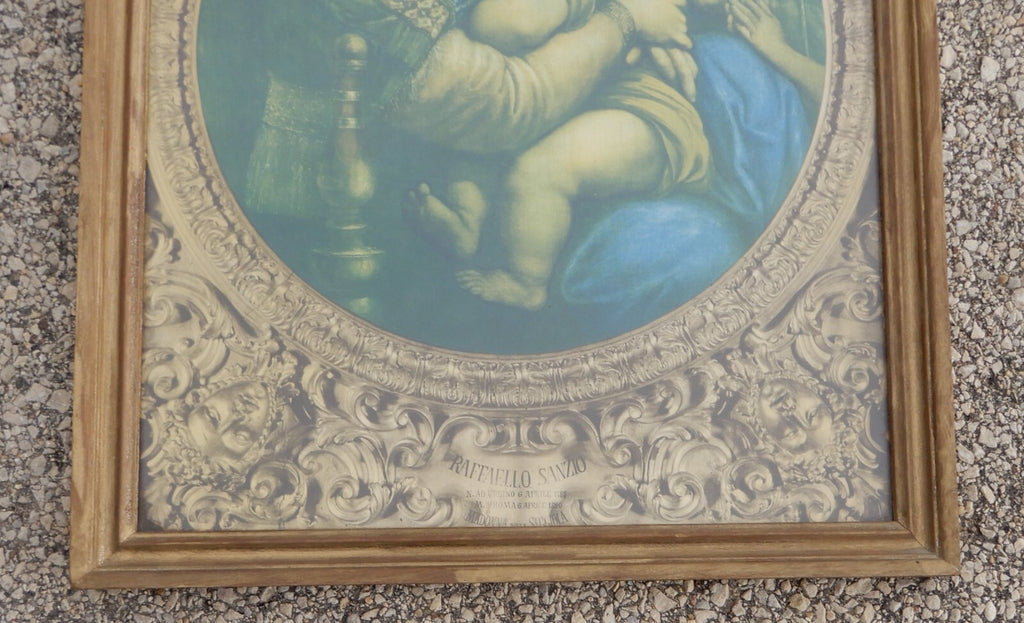 Antique Large Wooden Framed with Print o "Madonna della Sedia" by Raffaello
