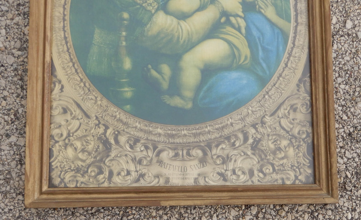 Antique Large Wooden Framed with Print o "Madonna della Sedia" by Raffaello