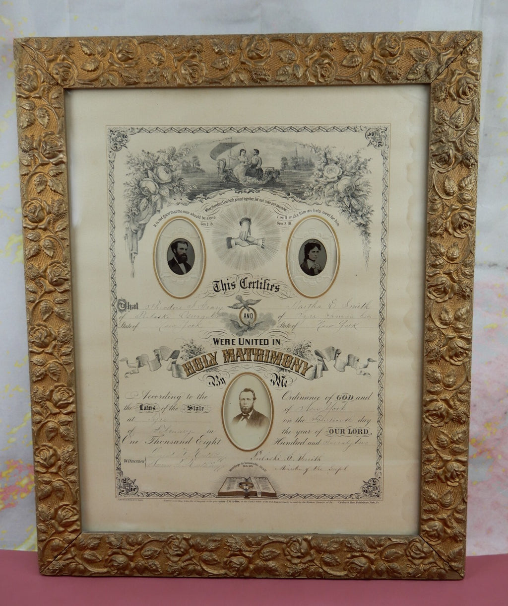 Circa 1872 Marriage Certificate in Gold Embossed Wood Hand Painted 22" Frame