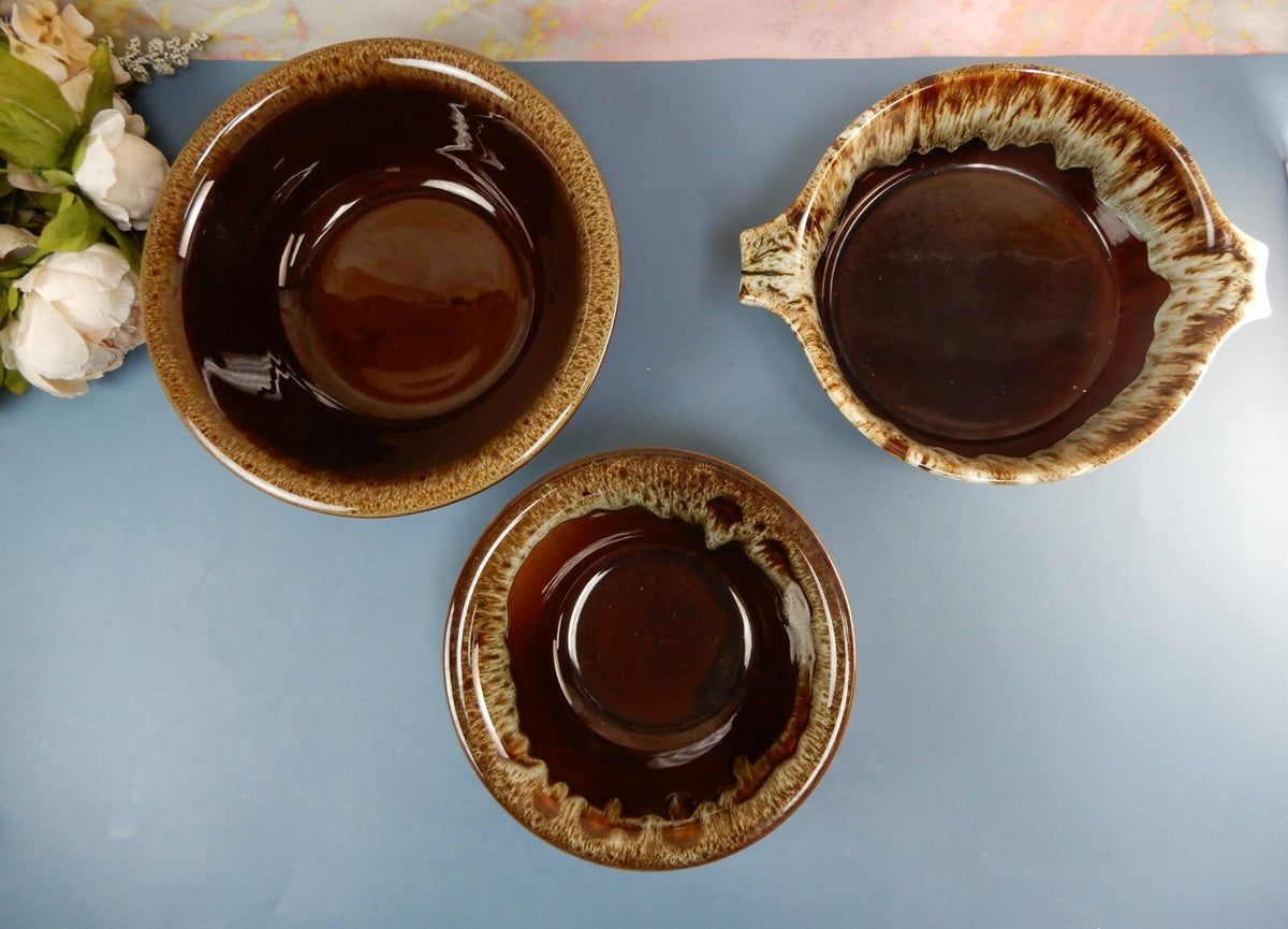 Set of 3 Vintage Canonsburg Brown Drip Glaze Serving Bowls