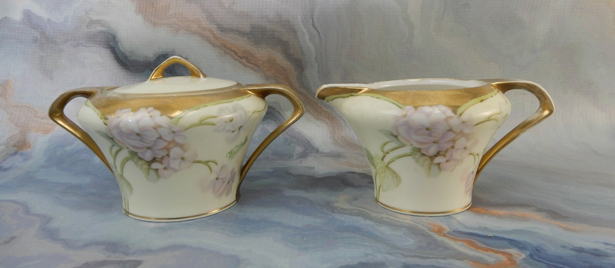 RS Germany Hand Painted Porcelain Sugar Bowl and Creamer Signed By The Artist