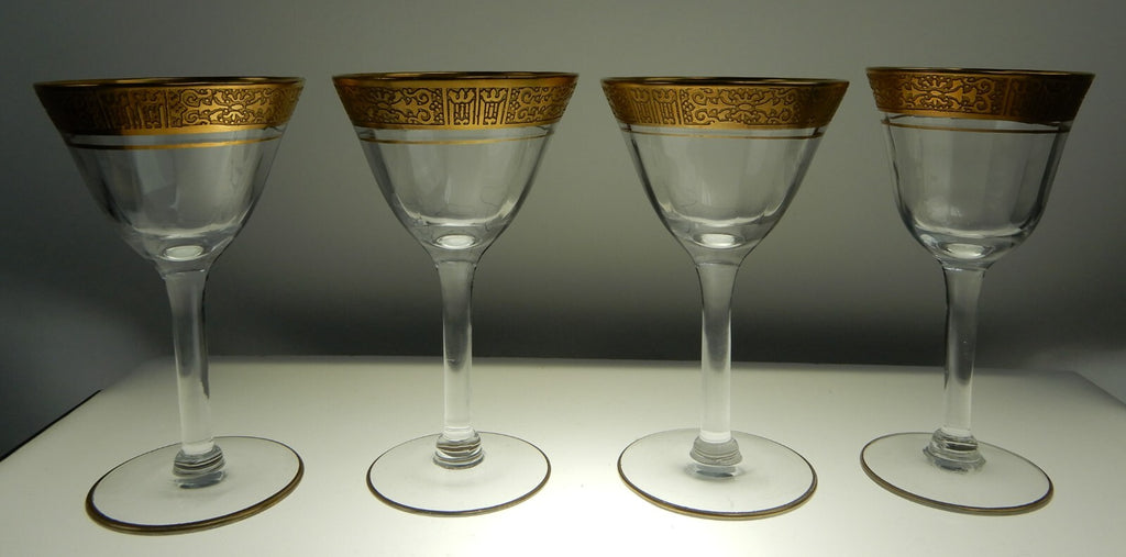 4 Vintage Tiffin Optic Valencia Gold Encrusted Vintage Liquor Glasses