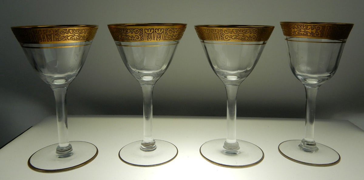 4 Vintage Tiffin Optic Valencia Gold Encrusted Vintage Liquor Glasses