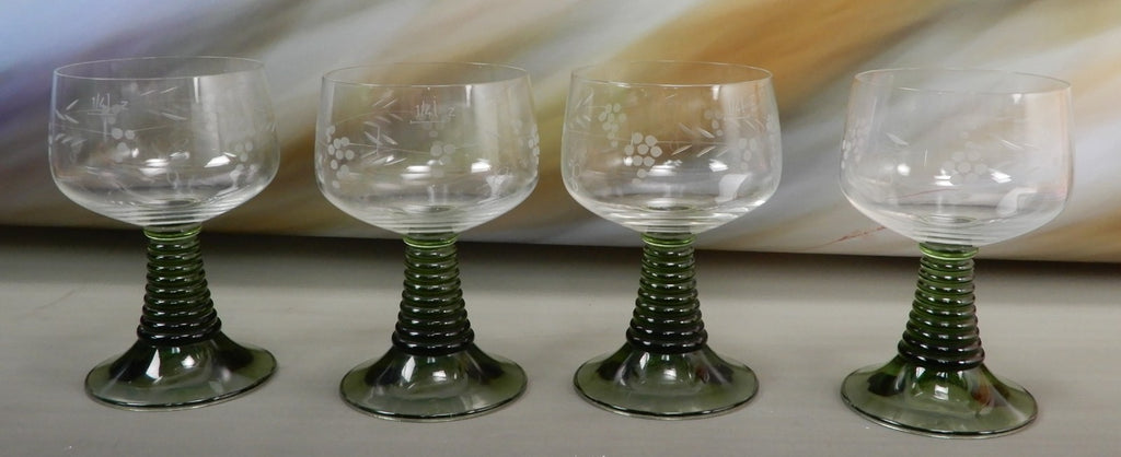 Vintage Set Of 4 Roemer Ruwer Green Stem 11 oz Glasses 1/4L