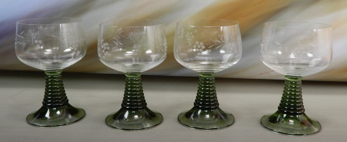 Vintage Set Of 4 Roemer Ruwer Green Stem 11 oz Glasses 1/4L