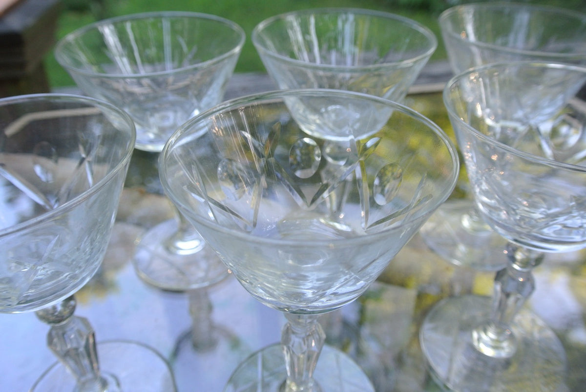 6 CLEAR CRYSTAL Champagne Sherbet glasses w/ THUMBPRINT AND CRISS CROSS DESIGNS