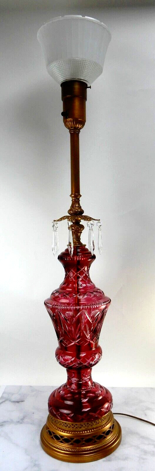 Vtge Western Germany Ruby Red Hand Cut Lead Crystal 3 Way Table Lamp 44-1/2" H