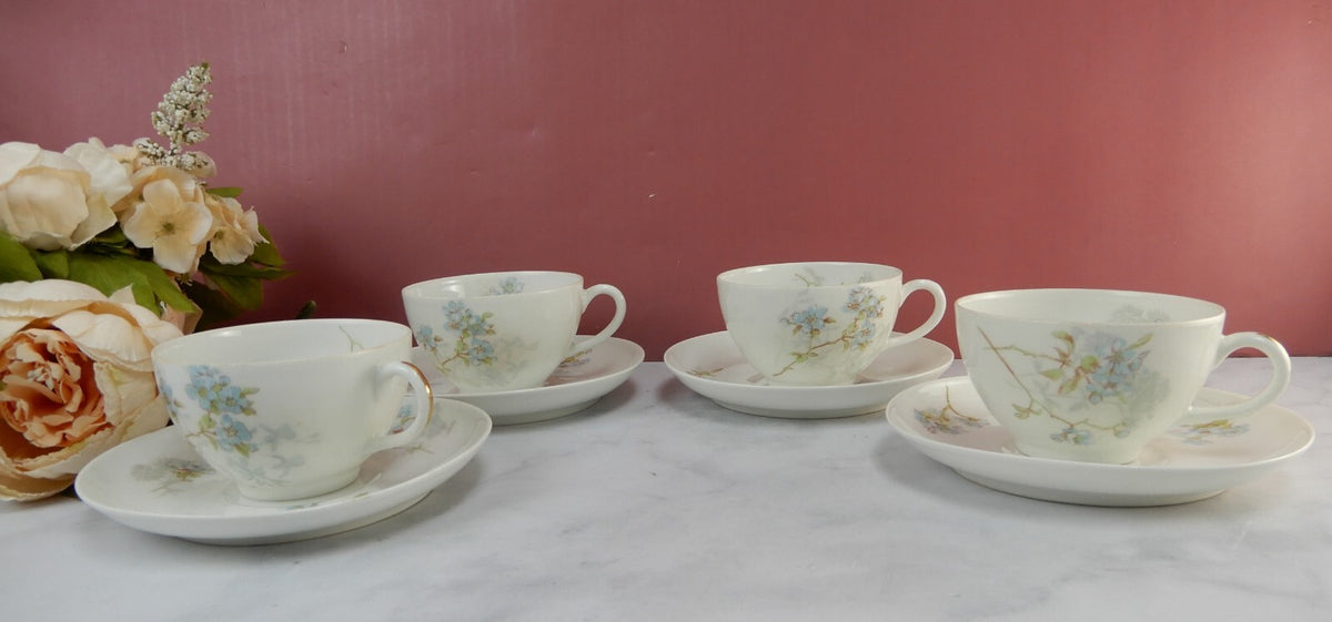 Antique Limoges A. Lanternier France Porcelain Blue Floral 4 Cups and Saucers