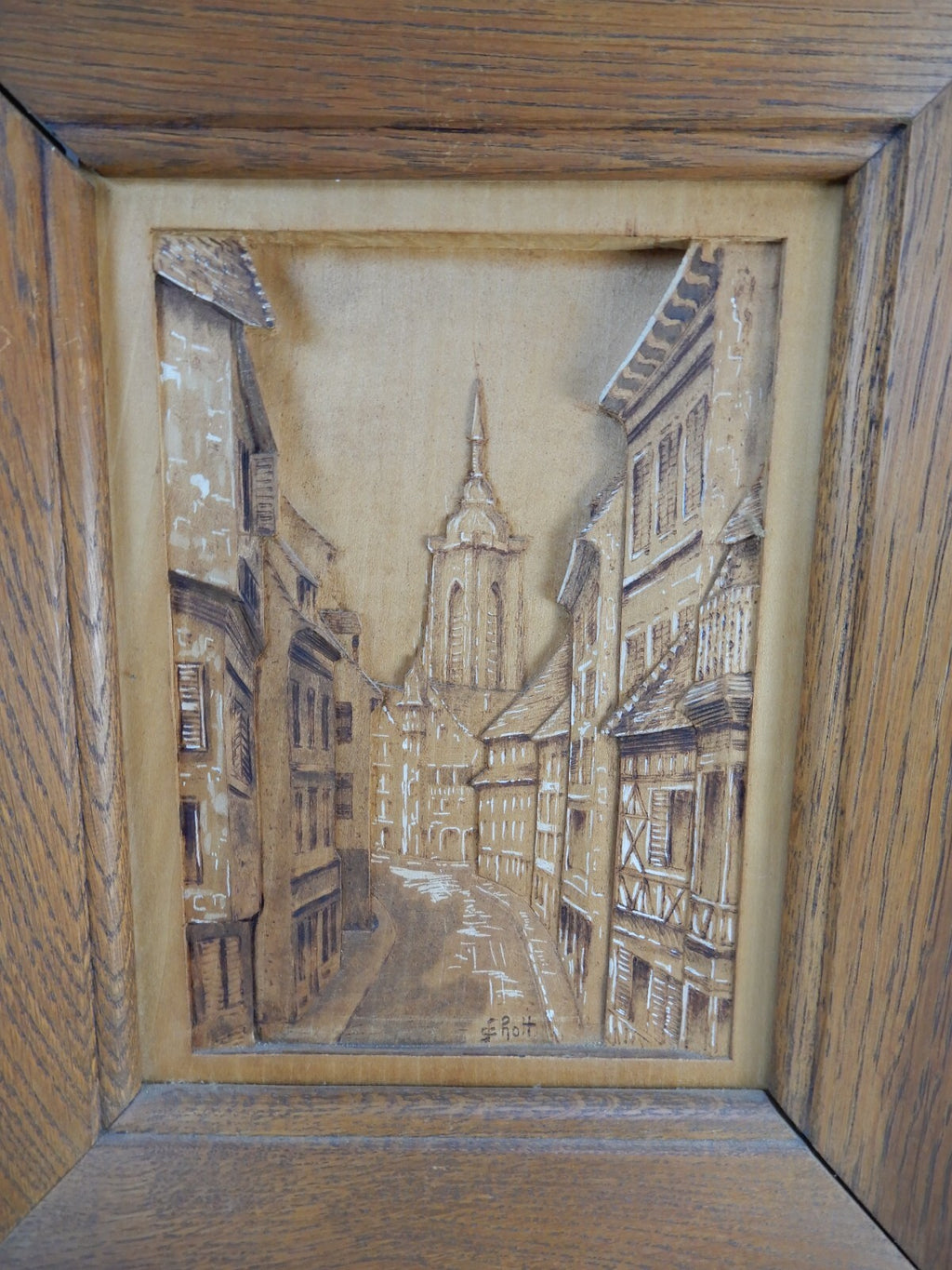 Vtg. Hand Carving of an Old Town Wall Decoration Frame Wall Plaque Signed E.Rott