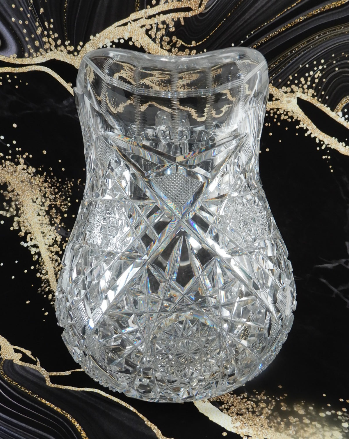 American Brilliant Period  ABP Heavy Crystal Cut Glass Hobstar Water Pitcher