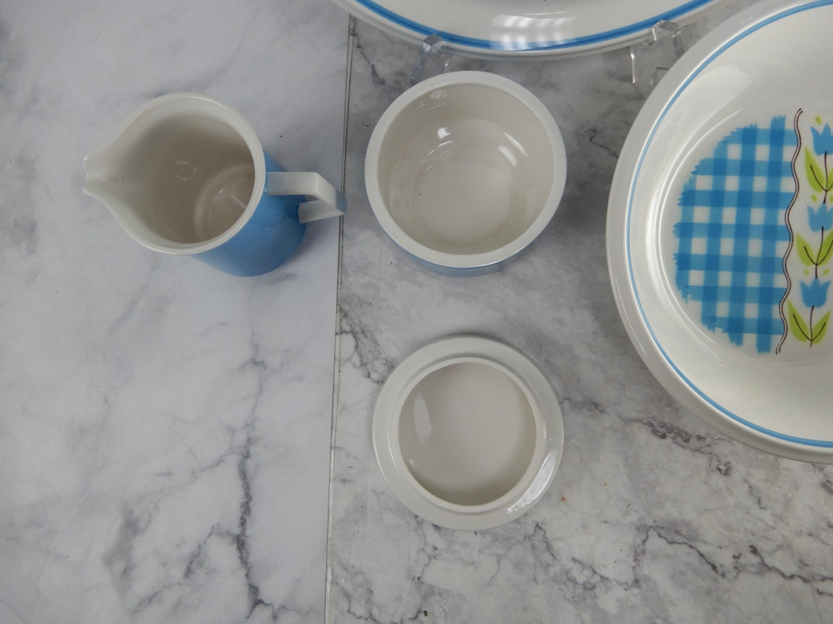 Vtge Mikasa Country Gingham Denim Serving Bowl,Creamer,Sugar Bowl,Round Platter