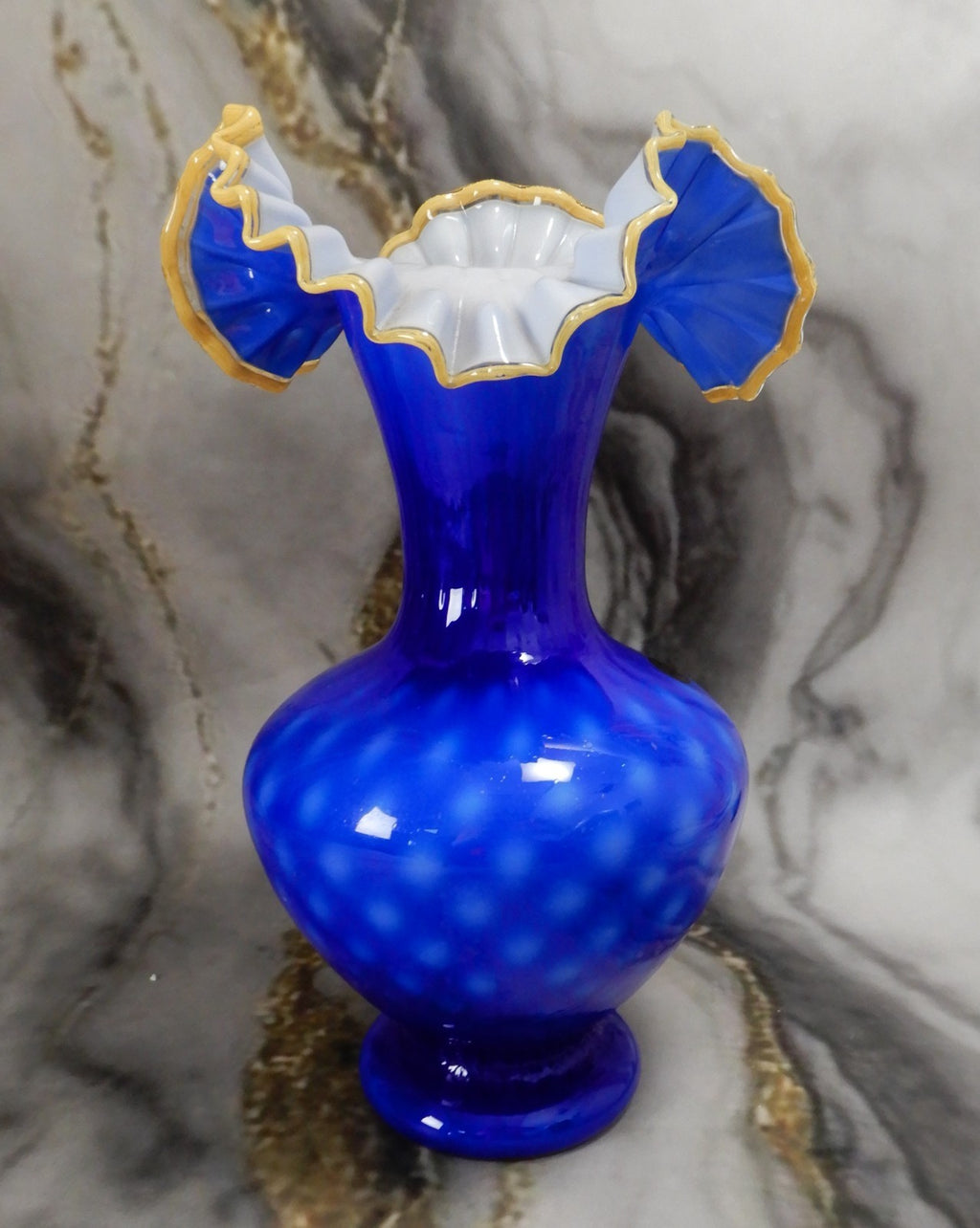 Arte Murano Kristall Mery Art Glass 13-3/4" Tall Pitcher Cobalt Blue,Yellow Rim