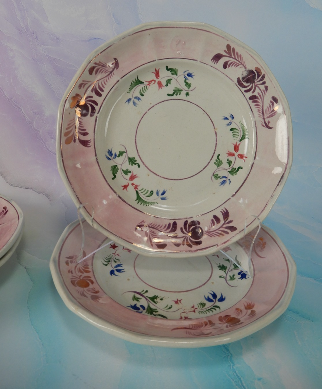 Set of 4 Vintage Staffordshire Pink Luster Salad Plates 8" C
