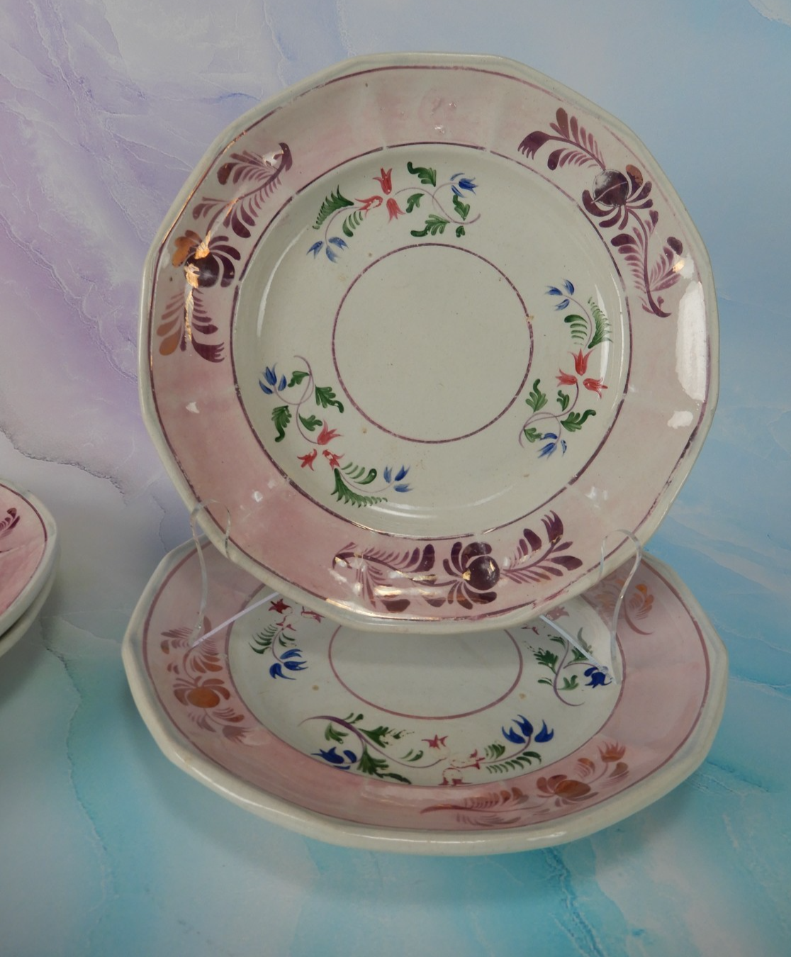 Set of 4 Vintage Staffordshire Pink Luster Salad Plates 8" C