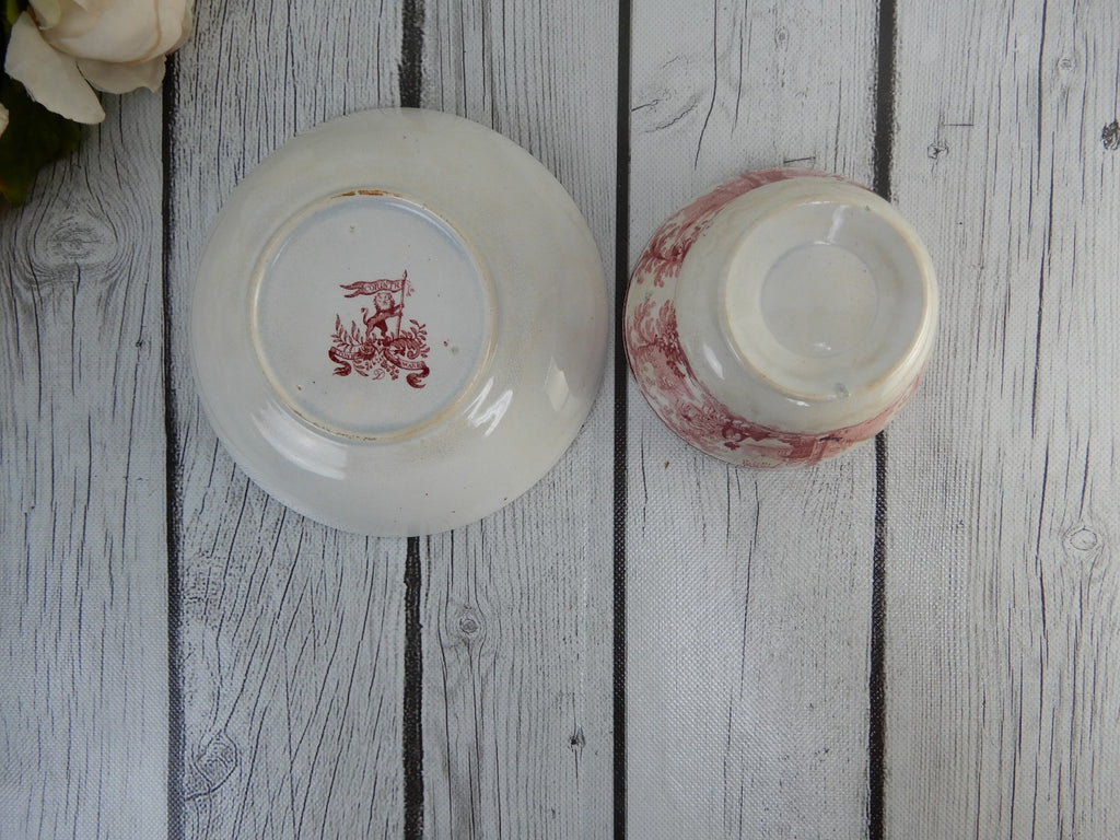 Corinth Pattern Cramberry Red Transferware Handleless Cup and Saucer