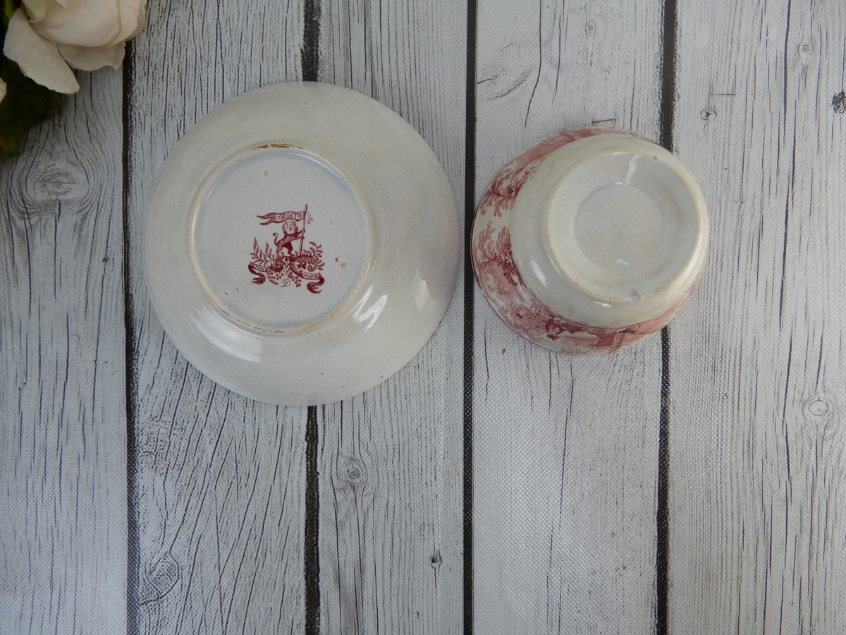 Corinth Pattern Cramberry Red Transferware Handleless Cup and Saucer