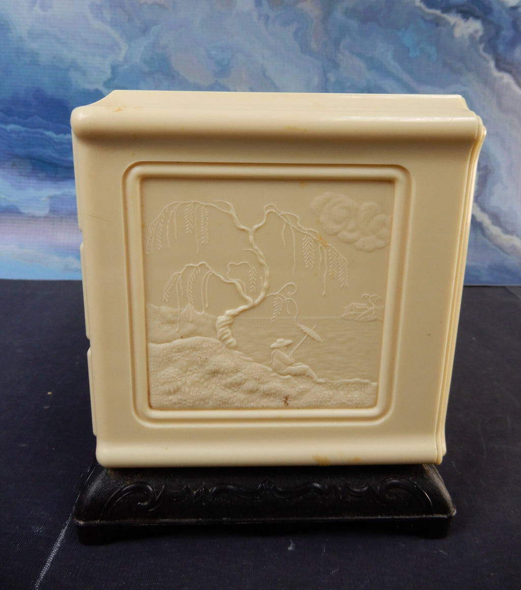 Vintage Asian Celluloid Bakelite Beige Jewelry Box Embossed Black Dragon Handles