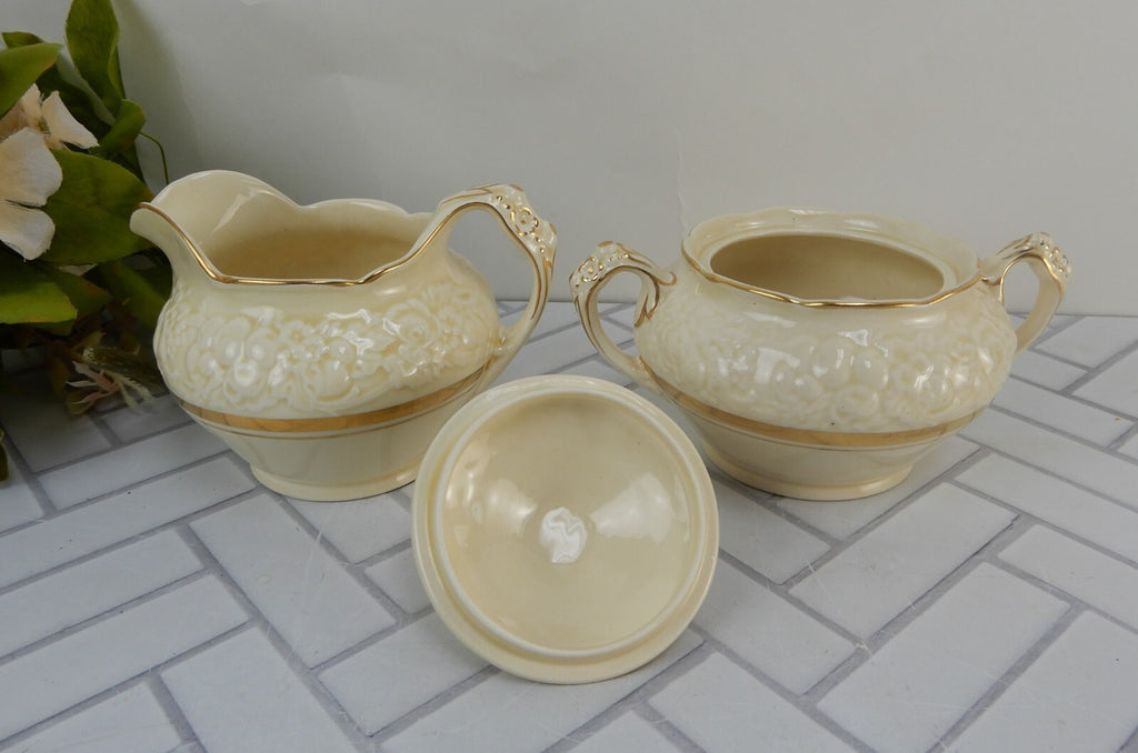 Vintage Crown Ducal Gold Gild Band Florentine Sand Cream Sugar Bowl and Creamer