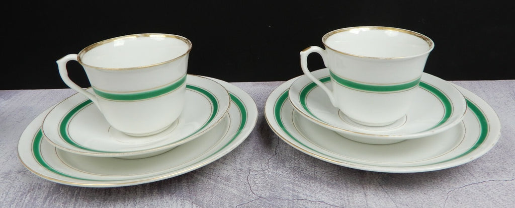 Two Set Antique White,Green and Gold Trim Tea Set Trio Cup,Saucer,Dessert Plate
