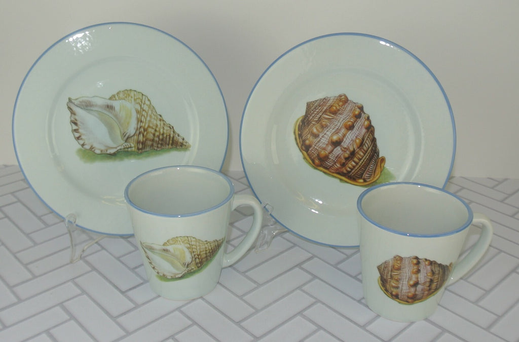 Set of 2 Sea Shell Dinnerware Two Plates, Two Mugs Made in Italy "A"