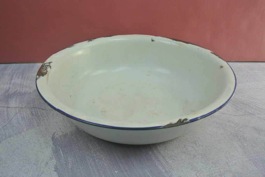 Pair Of Vintage Vintage White Black and Red Trimmed Enamelware As Is