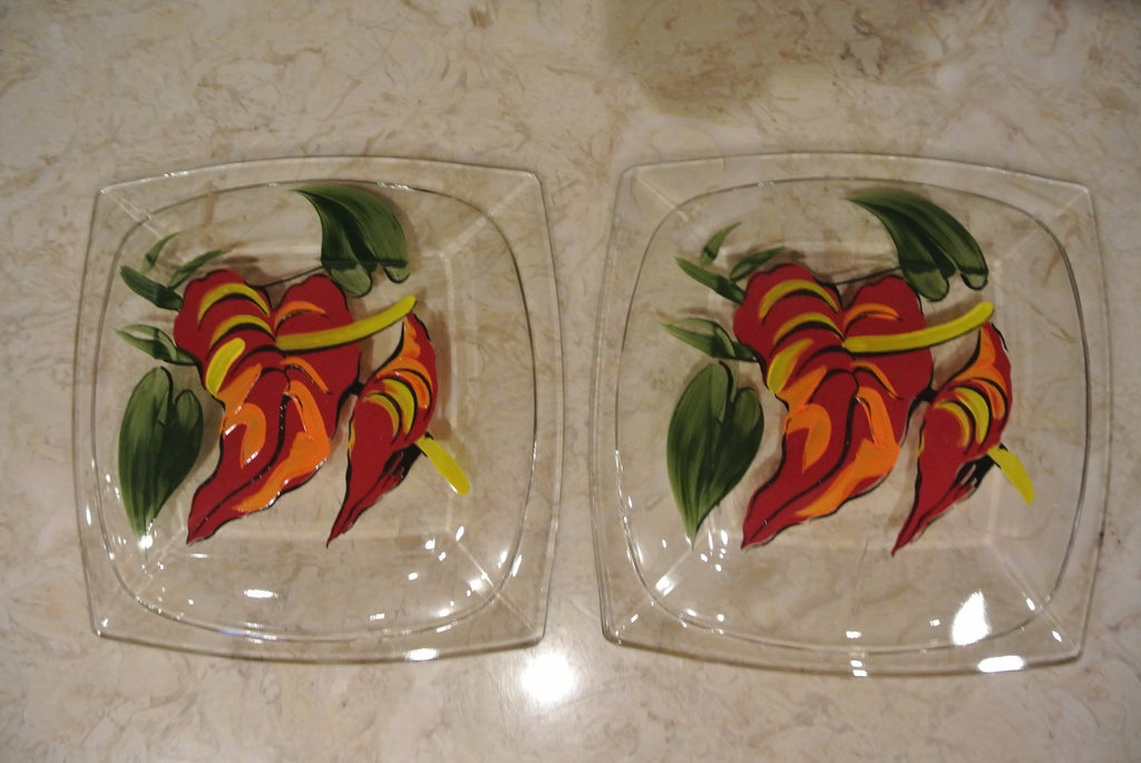 2 Set Vintage 1950s Hazel Atlas Gay Fad Design 8" Square Luncheon Red Flowers