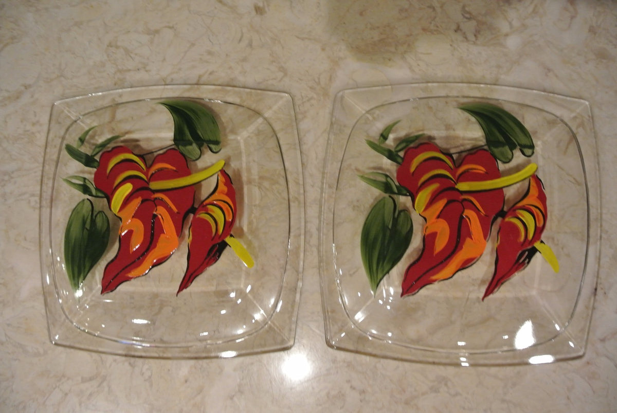 2 Set Vintage 1950s Hazel Atlas Gay Fad Design 8" Square Luncheon Red Flowers