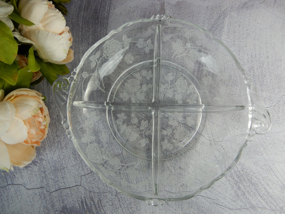 Vintage Heisey Rose Patten 4 Compartment Relish Dish Tray