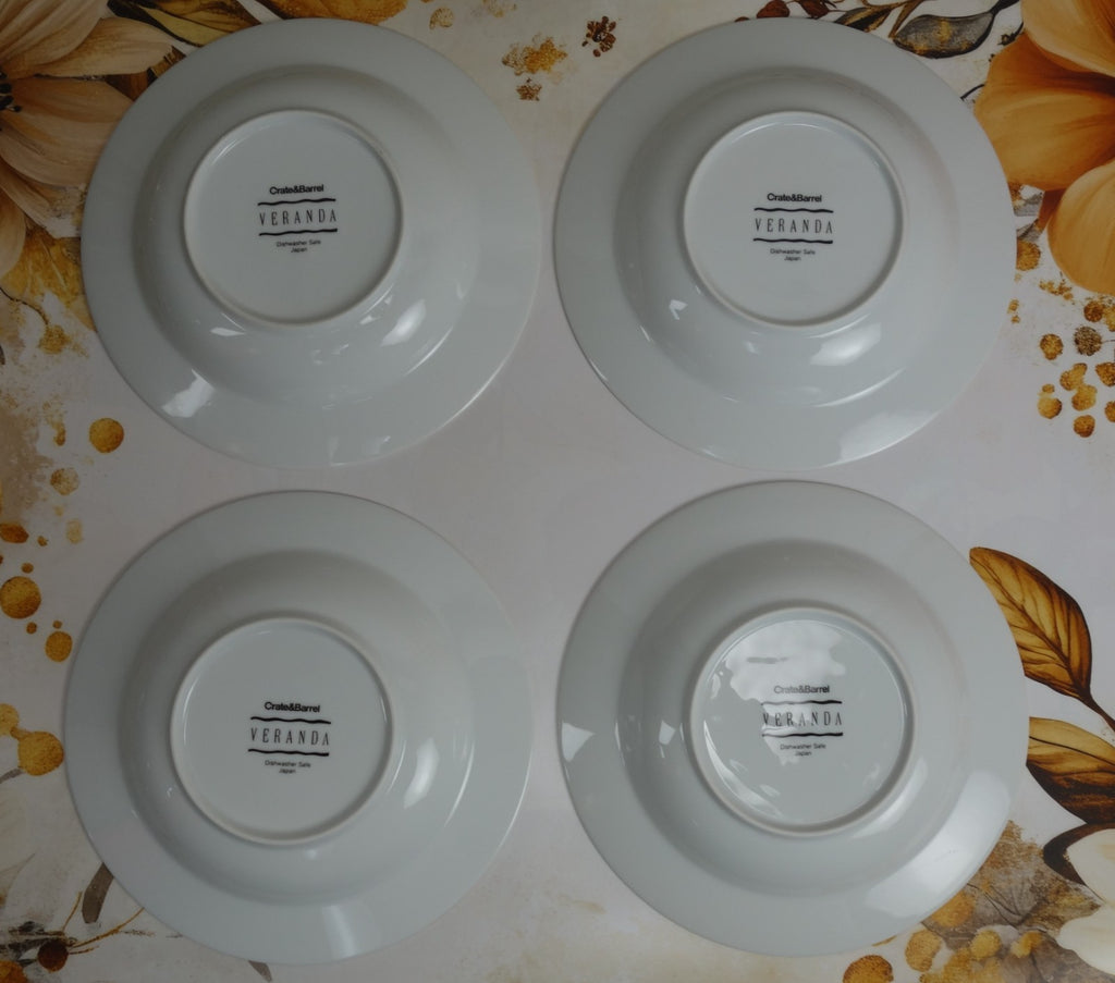 Set of 4 Crate & Barrel VERANDA Gold Rim Blue Striped Soup Bowls