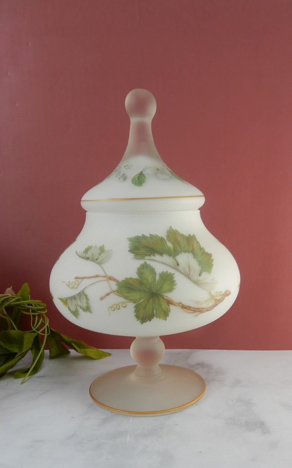 Vintage Norleans Italy Covered Compote Satin Frosted Glass Pedestal Candy Dish