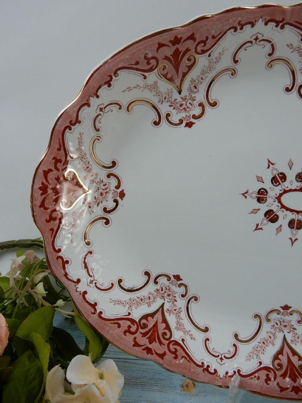 Antique Alfred Meakin Pre 1921 Red Gold Trim "Cambridge"Pattern 17-5/8" Platter