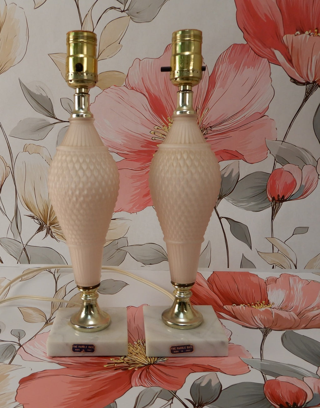 Pair of Pink Frosted Glass Quilted Pattern Table Lamps With Marble Base
