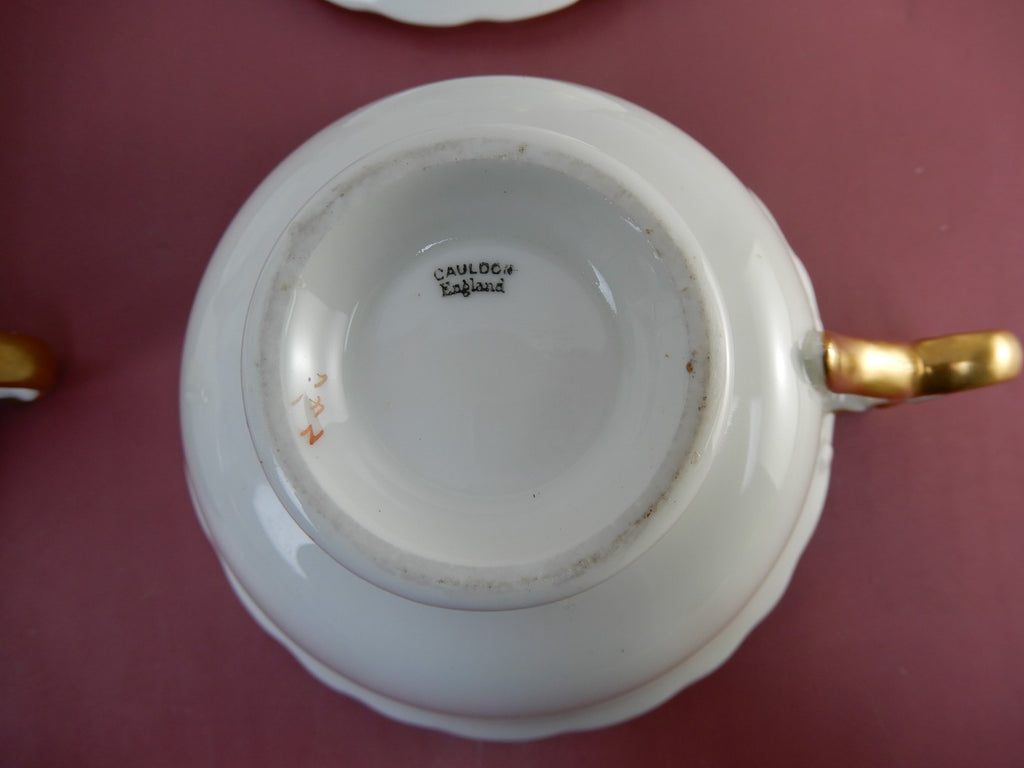 4 Antique Cauldon England 12oz Cups & Saucers Gold for Rich-Briggs.Co Boston