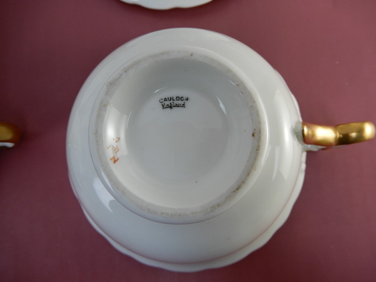 4 Antique Cauldon England 12oz Cups & Saucers Gold for Rich-Briggs.Co Boston
