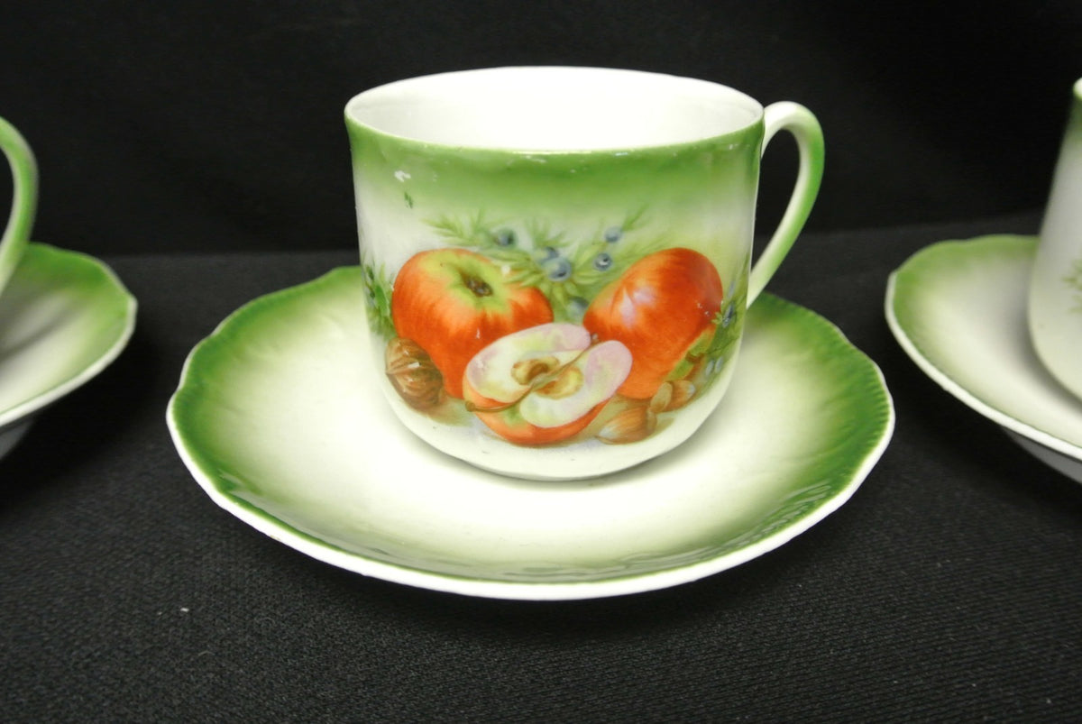 4 Vintage Lion Mark Made in Bavaria Green Cups & Saucers Decorated with Apples