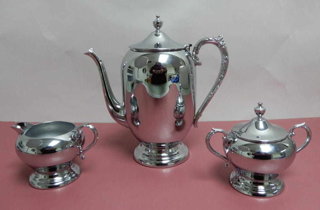 Vintage Sheridan Chrome Coffee Pot ,2 Handled Sugar Bowl w/Lid & Creamer