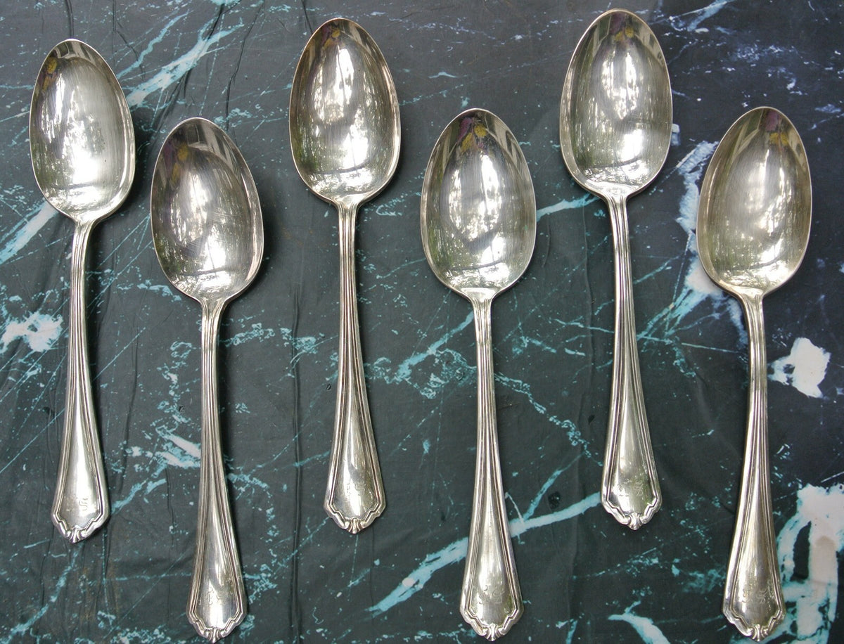 1912 Puritan Rogers Silver Plate Set of  6 Big Spoons 8-1/8" w/Monogram "SR"