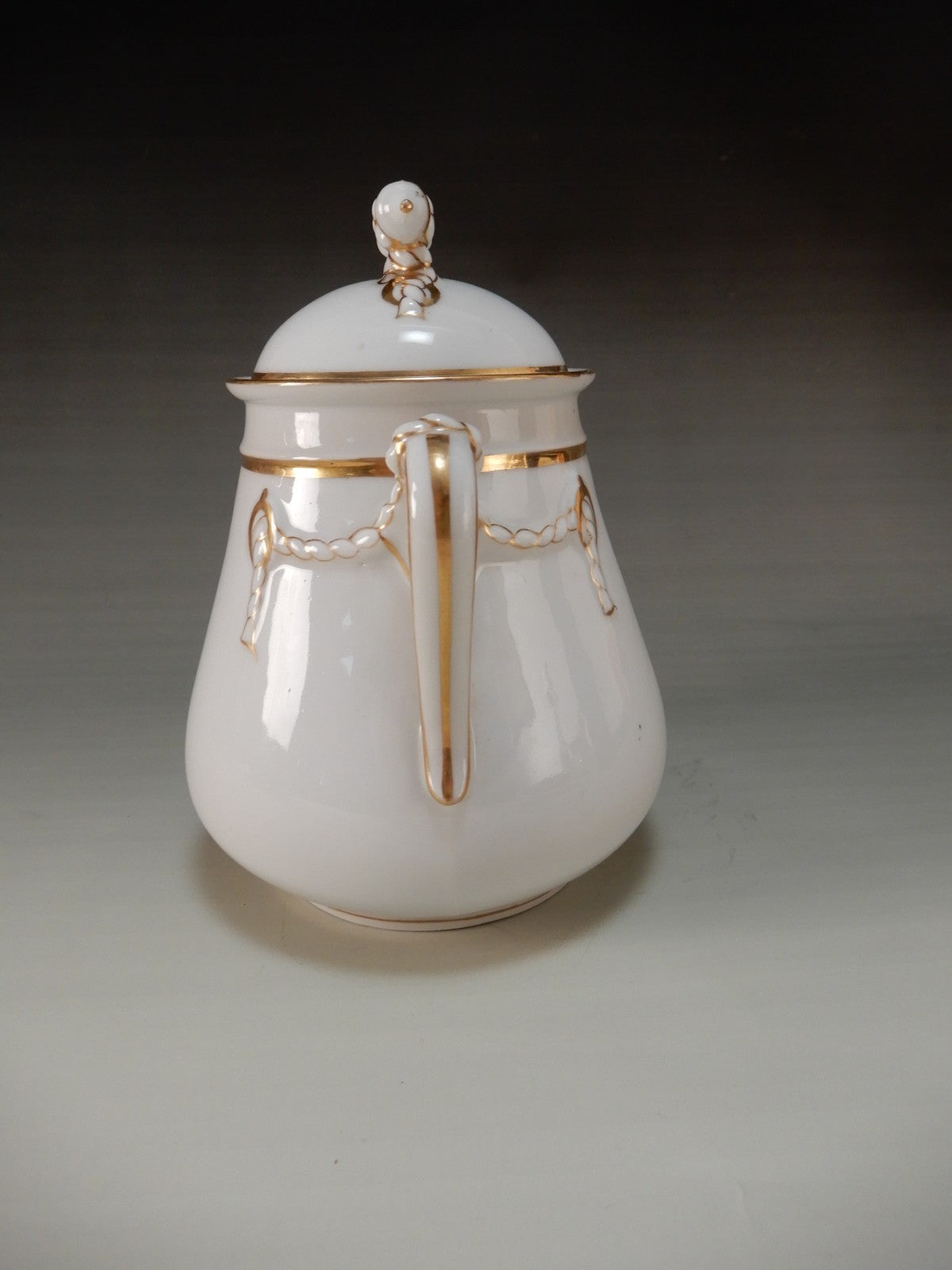 Antique H & Co. Limoges Rope Pattern w/Gold Rims 6-3/4" High Oversize Sugar Bowl
