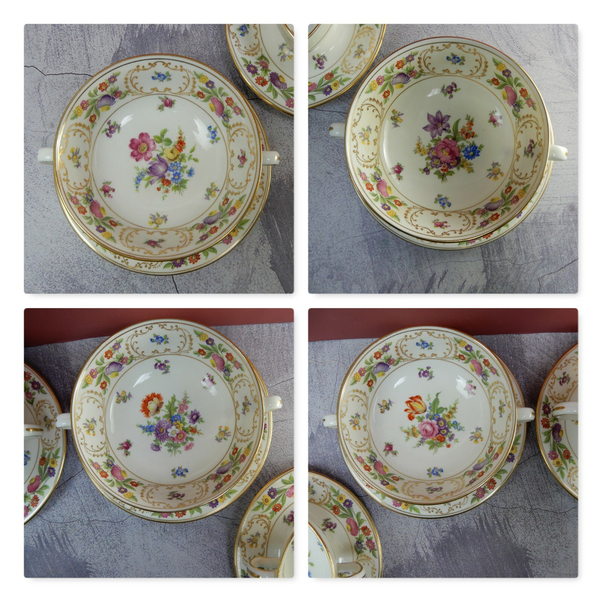 Set of 4 Vtg Dresden Sprays Cream Soup Bowls and Underplates CL Made In England