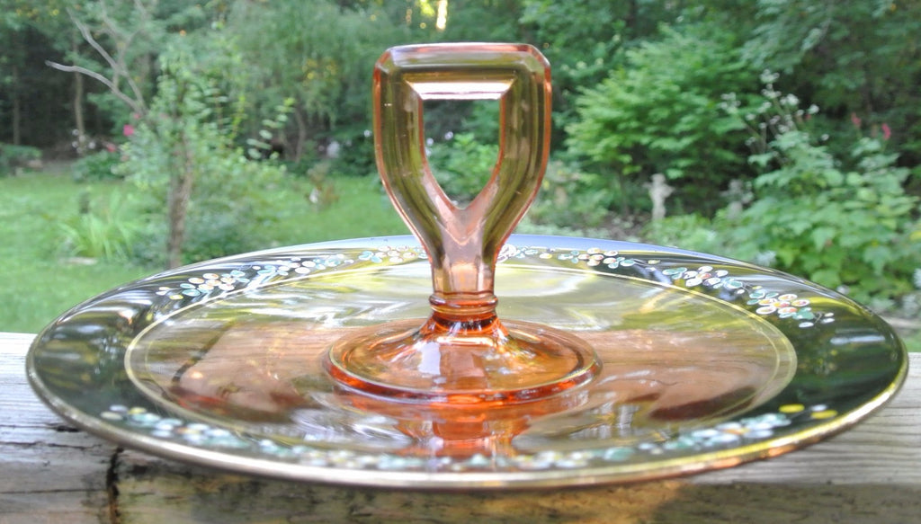 Vintage Pink Glass Sandwich Plate, Hand-Painted Enamel. Small Plate. Kitchen
