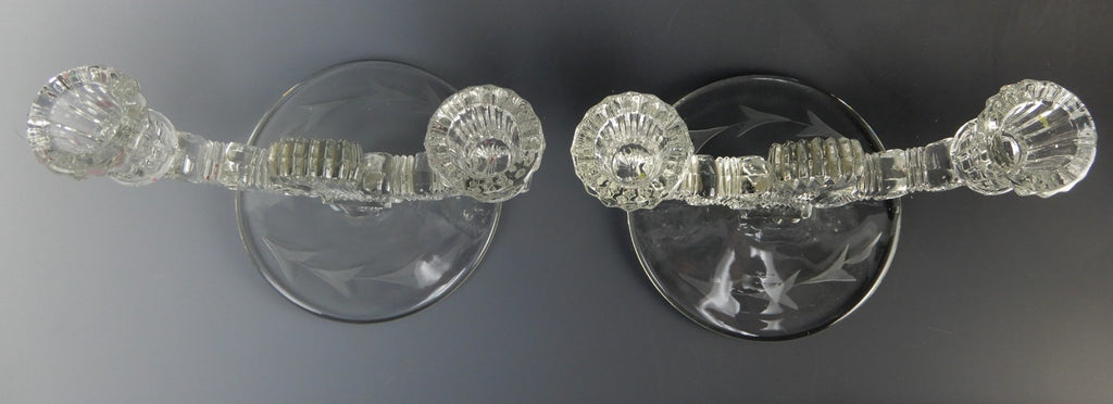 Pair of Paden City Largo Double Light Candle Holders Etch Leaf Base