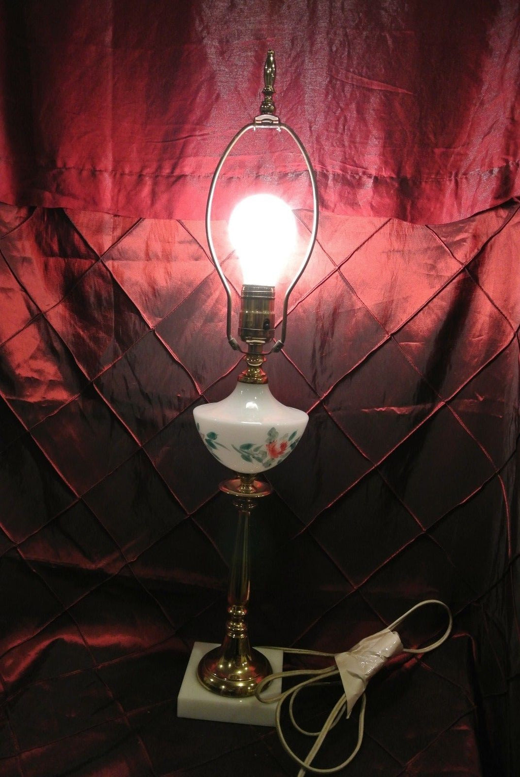 Vintage Brass White Milk Glass Hand Painted Lamp Marble Base