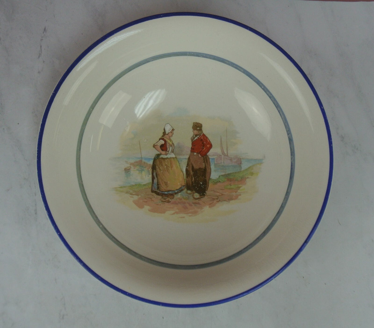 Vintage Dresden China Bowl with Holland Dutch Netherlands Couple 10-3/8" Across