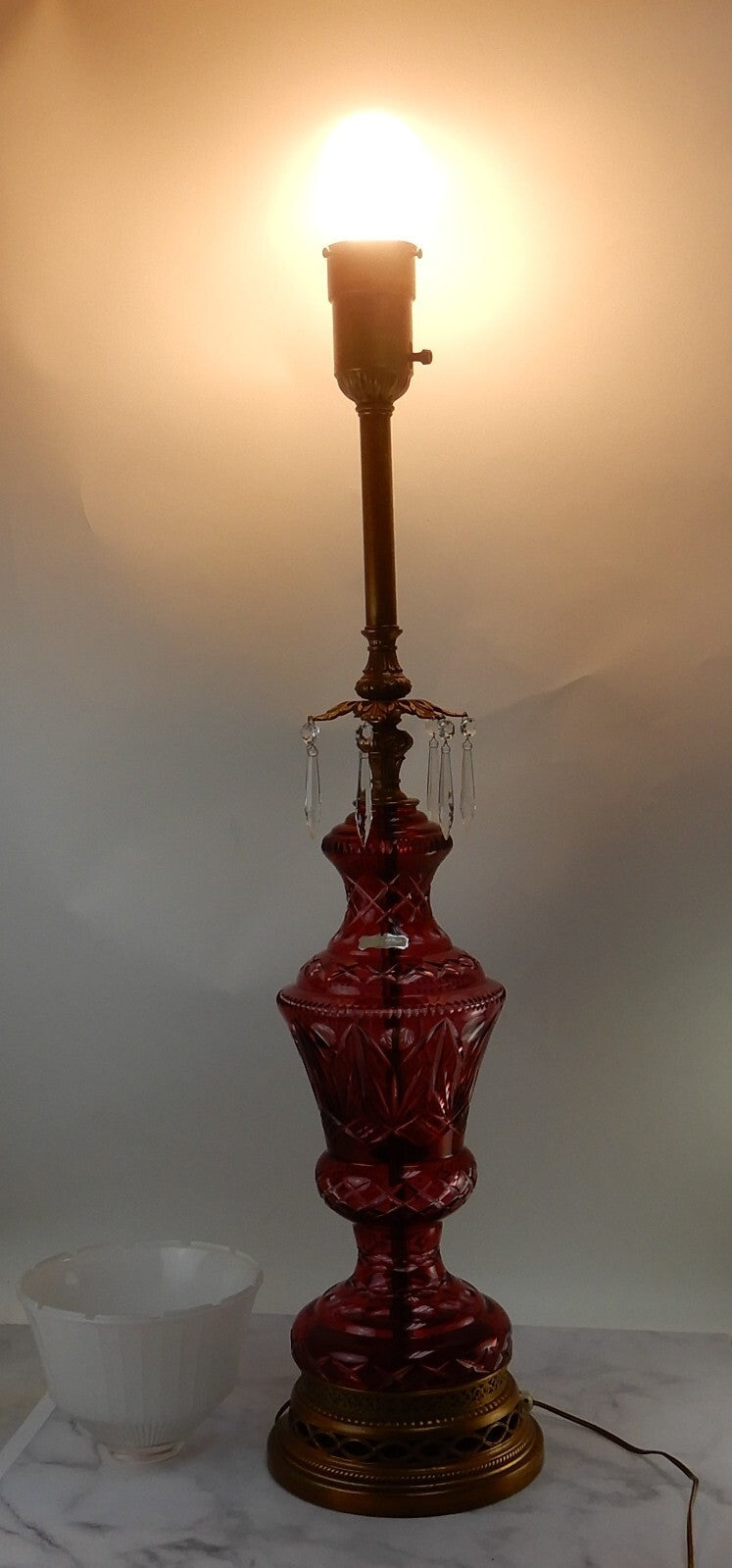Vtge Western Germany Ruby Red Hand Cut Lead Crystal 3 Way Table Lamp 44-1/2" H