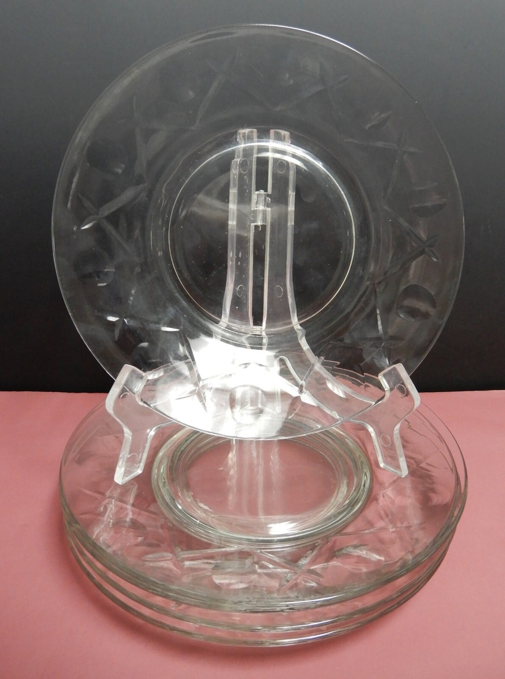 Set of 6 Clear Glass 8" Salad Plates Criss Cross Thumprint Desing