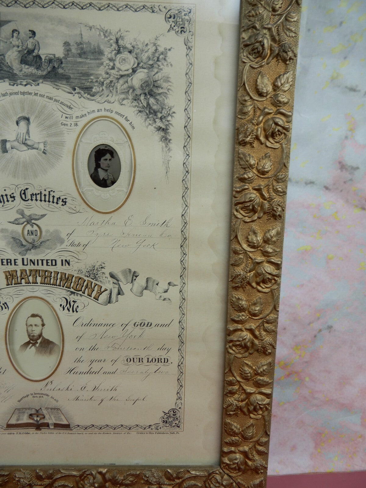 Circa 1872 Marriage Certificate in Gold Embossed Wood Hand Painted 22" Frame