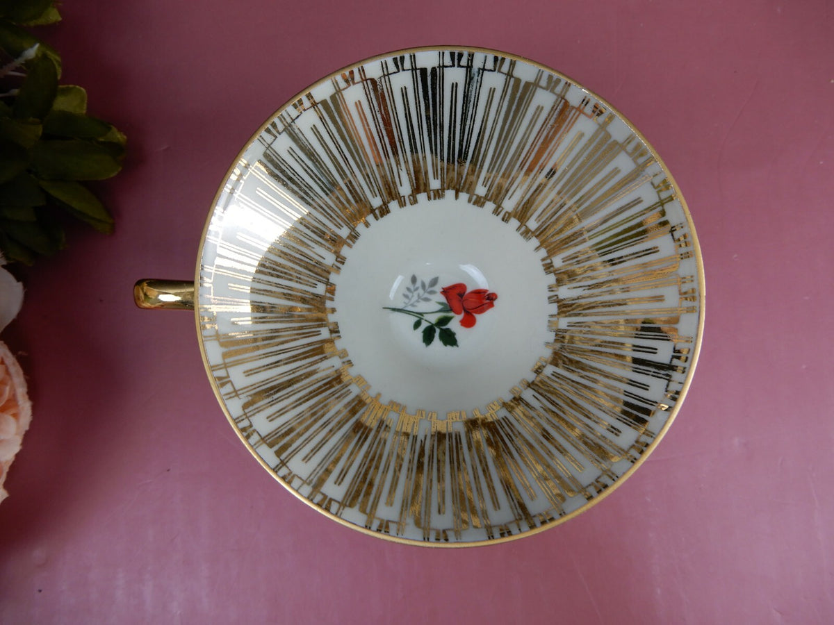 Vintage Beige Tea Set Cup Saucer Dessert Plate Rose Bottom Gold Accent