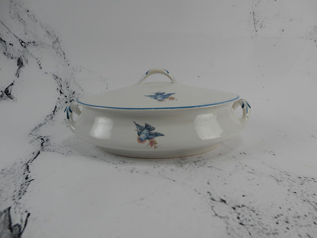 Vintage Homer Laughlin Blue Bird Decal Pattern Oval Covered Casserole ca. 1930