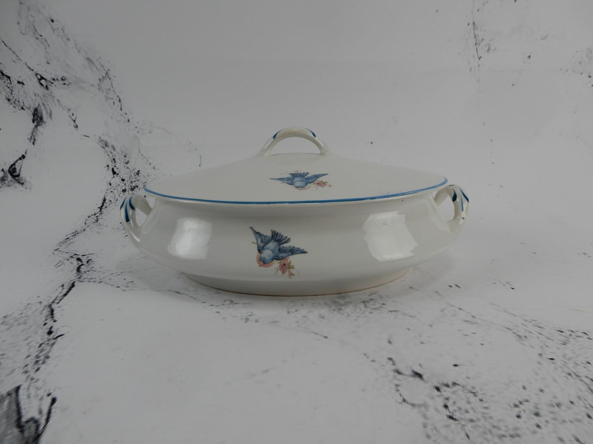 Vintage Homer Laughlin Blue Bird Decal Pattern Oval Covered Casserole ca. 1930