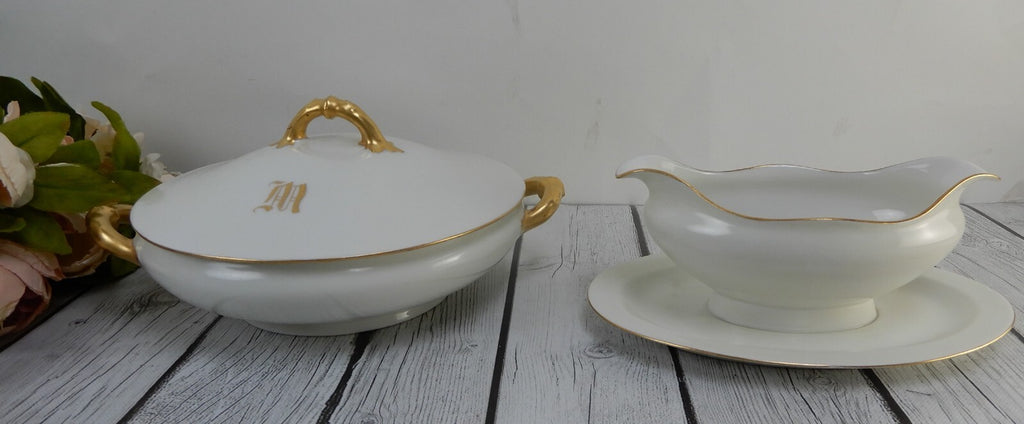 Vintage Haviland Limoges France Tureen and Gravy Boat W/with Letter M